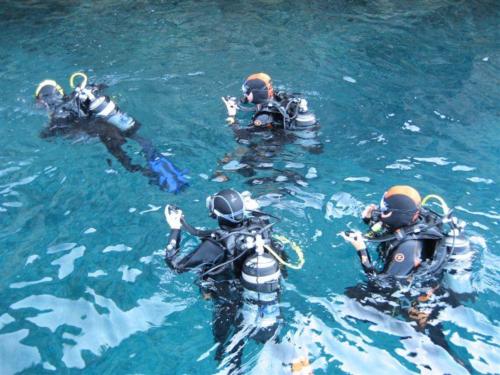 Gruppo di escursionisti per diving per principianti con guida