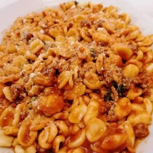 Typical Sardinian pasta seasoned with sauce and prepared during cooking workshop in Mamoiada