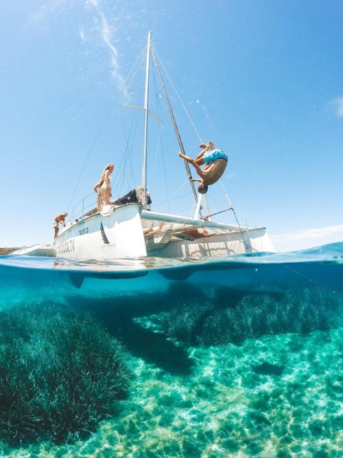Garçon plonge depuis un catamaran