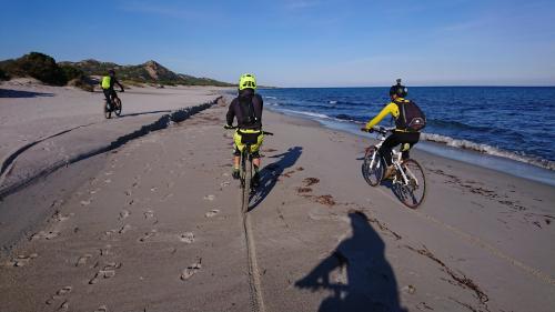 Escursionisti in bici in spiaggia nel territorio di Orosei