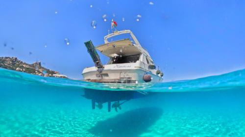 Bateau à moteur dans l'eau bleue, vue arrière