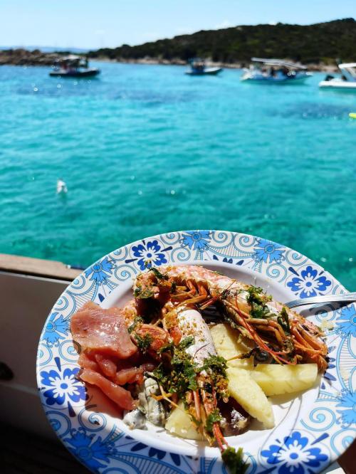 Piatto con pesce e vista sull'Arcipelago di La Maddalena