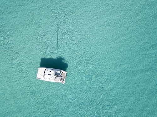 Catamarán en el mar cristalino de Asinara