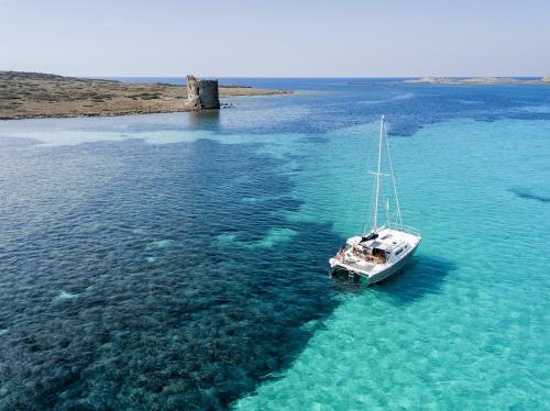 Catamarano di fronte alla torre de la Pelosa