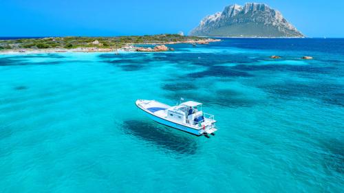 Navigation en bateau dans la mer bleue de l'aire marine protégée de Tavolara