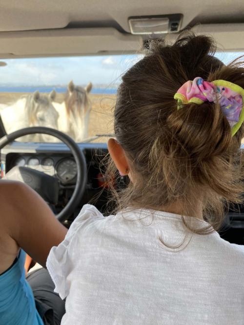 Kleines Mädchen auf einem Geländewagen