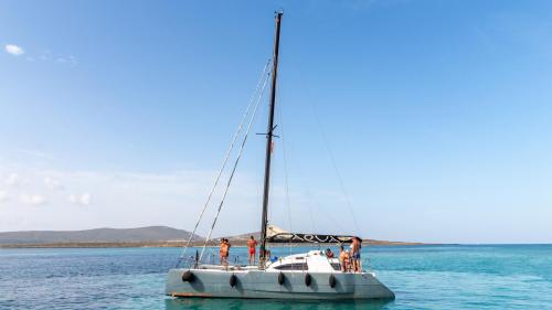 Left side catamaran in the blue waters