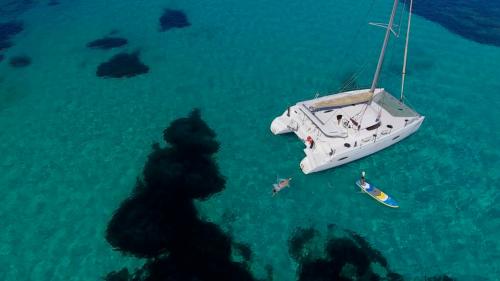 Luxury catamaran and SUP in the Gulf of Asinara