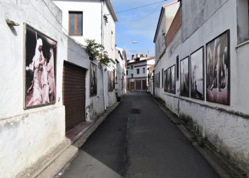 Paintings hanging on the walls of the streets of the town