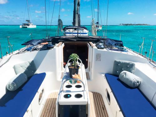 Outdoor seating aboard a sailboat