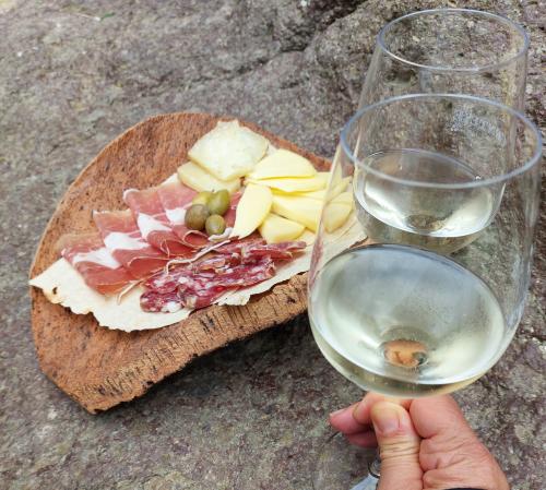 Calice di vino bianco con tagliere di prodotti tipici sardi a Castelsardo