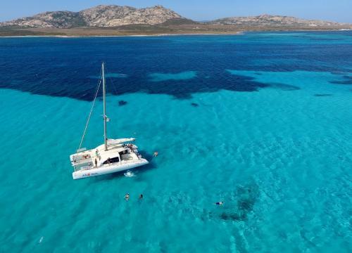 Katamaran segelt durch das türkisfarbene Wasser vor der Asinara
