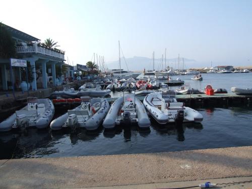 Rubber boats in the port of Arbatax