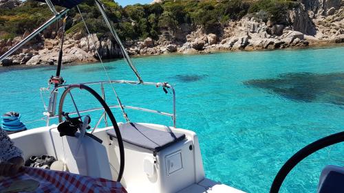 Catamaran docked in Budelli in the La Maddalena Archipelago