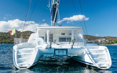 Stern of a catamaran in the waters of the La Maddalena Archipelago