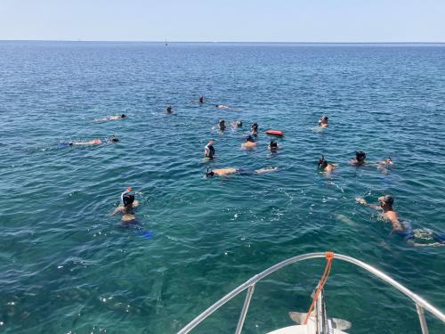 Hikers swim in the sea of Alghero